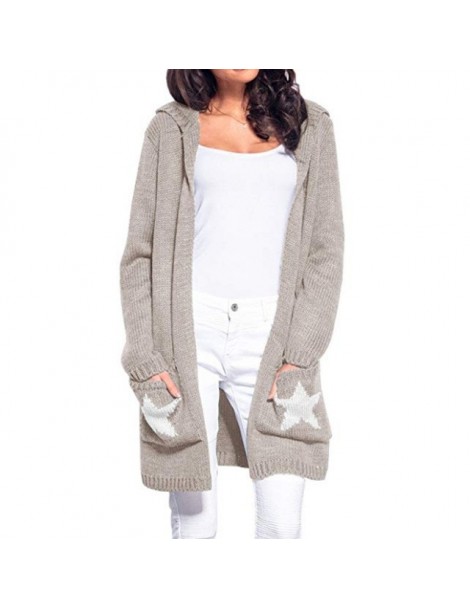 Cardigans Hooded Sweaters Coat Women Long Star Design Pockets Cardigan Sweaters New Fashion - Khaki - 4R3028636345-4 $45.65