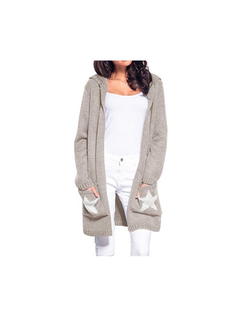 Cardigans Hooded Sweaters Coat Women Long Star Design Pockets Cardigan Sweaters New Fashion - Khaki - 4R3028636345-4 $39.94