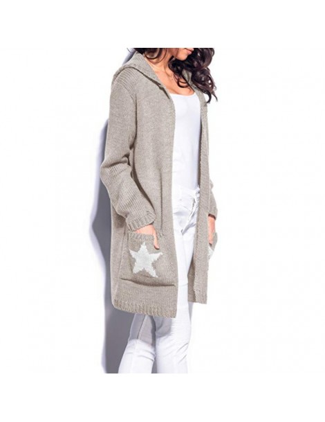 Cardigans Hooded Sweaters Coat Women Long Star Design Pockets Cardigan Sweaters New Fashion - Khaki - 4R3028636345-4 $45.65