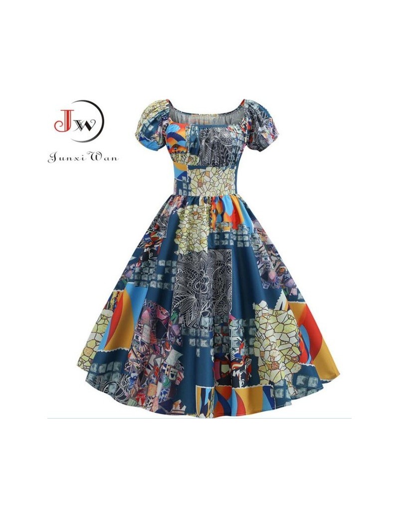 Women Vintage Floral Printed Summer Dress Puff Sleeve Elegant A-line Midi Party Dress Robe 2019 Chic Rockabilly Pinup Vestid...