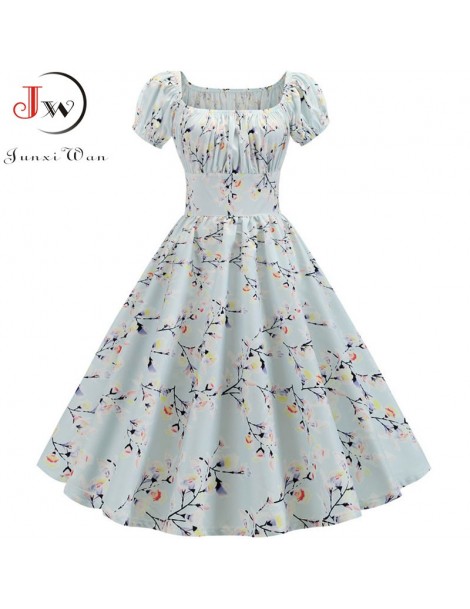 Dresses Women Vintage Floral Printed Summer Dress Puff Sleeve Elegant A-line Midi Party Dress Robe 2019 Chic Rockabilly Pinup...