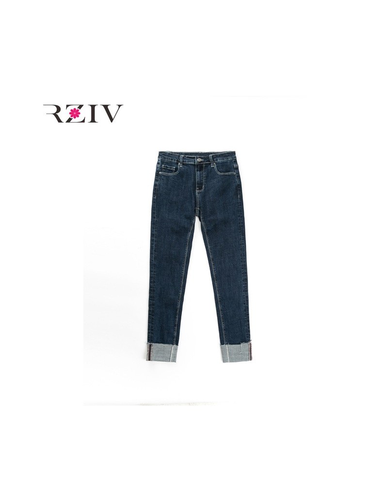 women jeans skinny casual solid color high waist jeans female flanging stretch jeans Slim Design - Blue - 4M3986466360