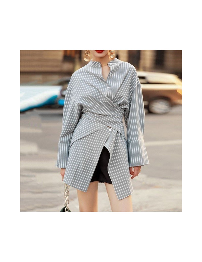Asymmetrical Shirts Blouse Female Stand Collar Long Sleeve Waist Cross Long Striped Shirt Women 2018 Fashion Autumn - stripe...