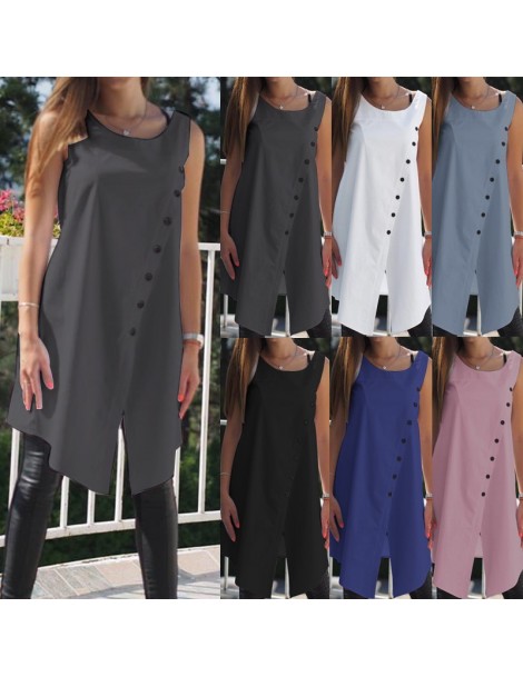 Blouses & Shirts 2019 Vintage Blouses Women Asymmetrical Tunic Tops Summer Sleeveless Buttons Casual Split Long Shirts Plus S...