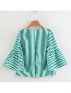 Blouses & Shirts Women elegant pearls beading striped shirt flare sleeve O neck blouse ladies summer brand casual tops blusas...