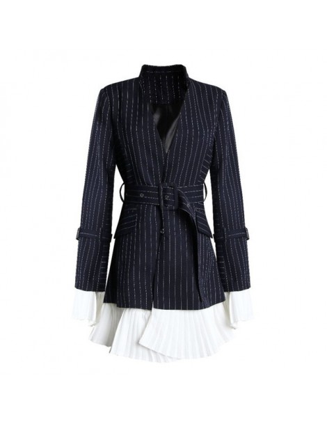 Blazers 2019 New Turn-down Collar Flare Sleeves Pleated Navy Striped High Waist Single Suit Women Blazer OL Fits Belts Blazer...