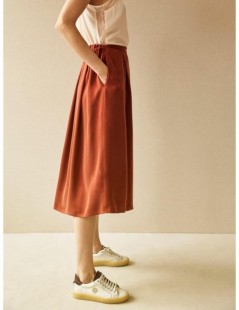 Skirts Women Pleated Mid Skirt Cupro New 2019 Spring and Autumn Elastic waist French Style Brand Casual - red - 413005207819-...