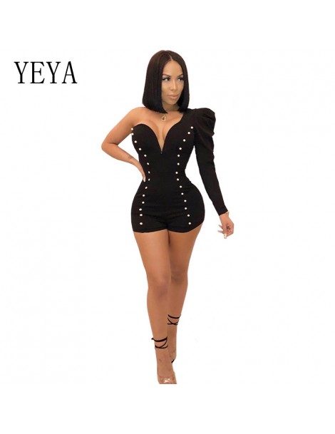 Rompers One Shoulder Sexy Playsuit Long Sleeve Deep V Neck Beaded Elegant Jumpsuit Romper Club Party Overalls Skinny Women Pl...