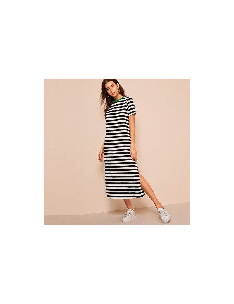 Split Side Striped Ringer Tunic Dress for Women 2019 Summer Short Sleeve Streetwear Dresses Casual Long Dress - Multi - 4U41...