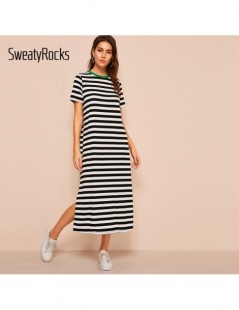 Dresses Split Side Striped Ringer Tunic Dress for Women 2019 Summer Short Sleeve Streetwear Dresses Casual Long Dress - Multi...