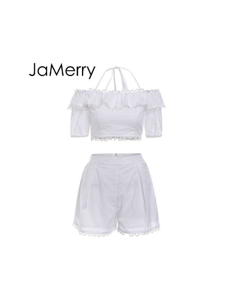 Vintage off shoulder white embroidery two piece set romper Women polka dot jumpsuit playsuit Summer beach holiday suit - Whi...