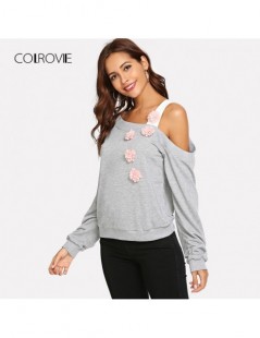 Hoodies & Sweatshirts Grey Casual Cold Shoulder Floral Pullover Workwear Ladies Sweatshirt Female 2018 Autumn Women Streetwea...