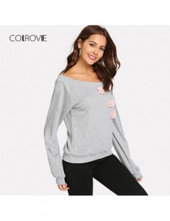 Hoodies & Sweatshirts Grey Casual Cold Shoulder Floral Pullover Workwear Ladies Sweatshirt Female 2018 Autumn Women Streetwea...