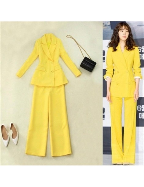 Pant Suits Women's Pant Suits 2018 spring and summer new yellow waist double breasted long section suit high waist wide leg p...
