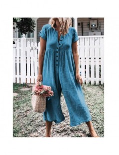 Jumpsuits Womens Summer Solid Short Sleeve Rompers Button Down Wide Leg Jumpsuits Ladies Evening Party Playsuit 2019 New - Bl...