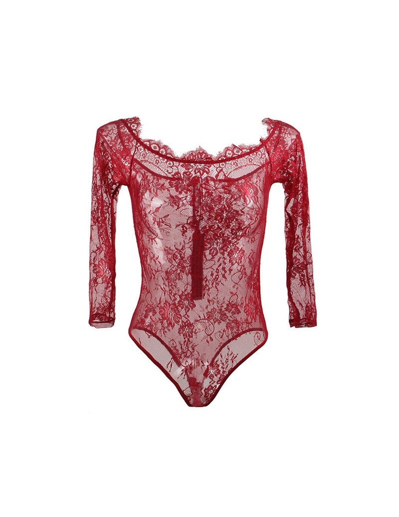 Sexy Romper Black Red Transparent Lace Women Bodysuits M 5XL Off Shoulder Long Sleeve Bodysuit Monos Cortos De Mujer R80549 ...