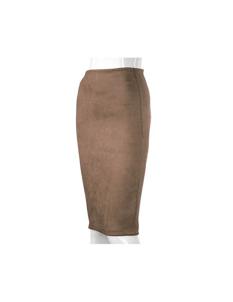 Women Suede Solid Color Pencil Skirt Female Autumn Winter High Waist Bodycon Vintage Split Thick Stretchy Skirts - Brown - 4...