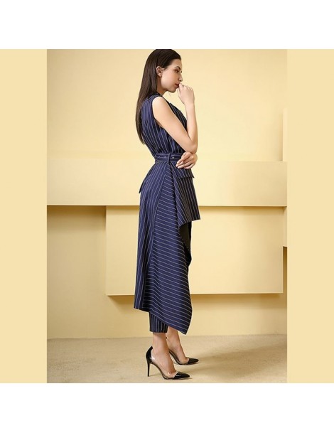 Women's Sets 2019 New Fashion Blue Striped Irregular Long Suit Sleeveless Waistcoat Ankle-Length Pants Female's Two Pieces Se...