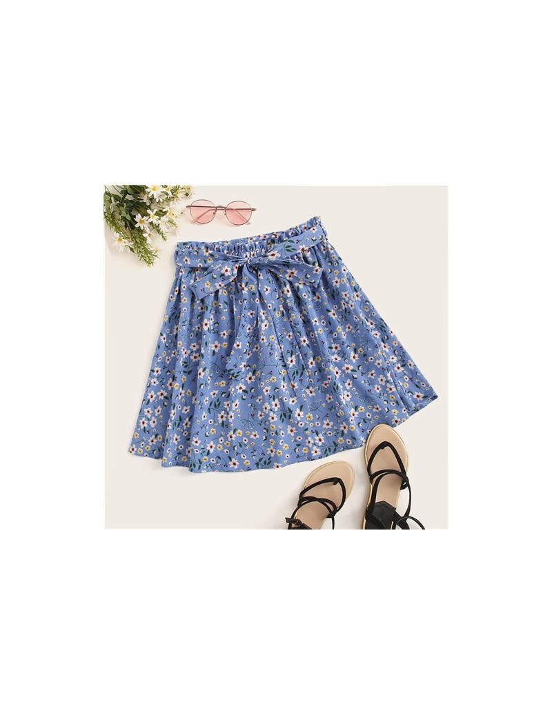 Boho Navy Ditsy Floral Print Paperbag Waist Belted Flared Skirts Womens Summer 2019 Casual Frilled Pleated Mini Skirt - Blue...