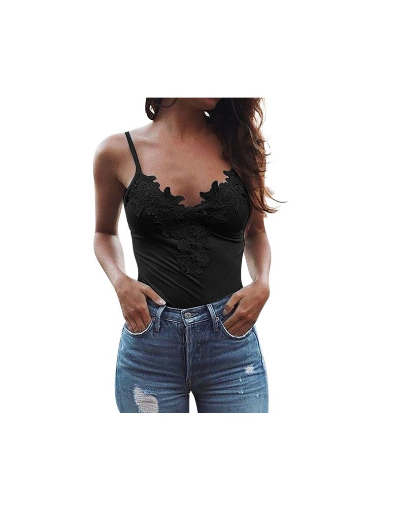 2019 Women's Fashion Sexy Sleeveless camisole Patchwork Tank Tops Beach Wear Blouse Lace Vneck Sling Sexy Top Streetwear - B...
