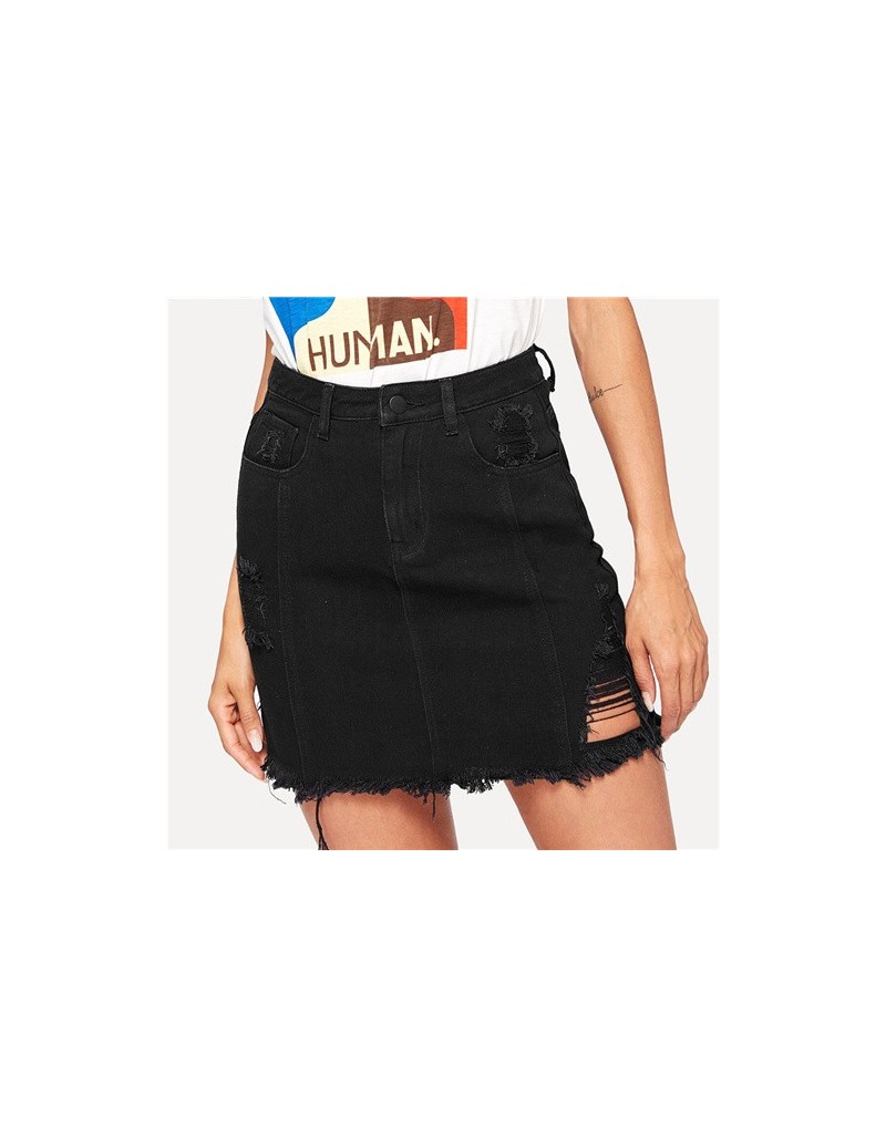 Ripped Detail Bodycon Denim Skirt Streetwear Frayed Edge Black Skirt 2019 Fashion Summer Women Style Mini Skirts - Black - 4...