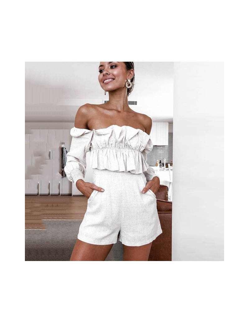 New Long Sleeve Pleated Low Strapless Casual Jumpsuit for Autumn/winter 2019 Women's Wear White Blue Playsuit for party - wh...