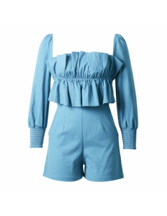 Rompers New Long Sleeve Pleated Low Strapless Casual Jumpsuit for Autumn/winter 2019 Women's Wear White Blue Playsuit for par...
