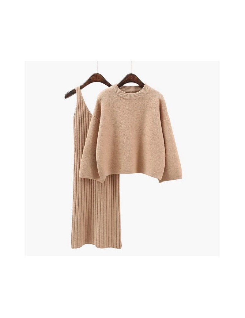 2018 Autumn Womans Sweater + Straped Dress Sets Solid Color Female Casual Two-Pieces Suits Loose Sweater Knit Mid Dress Wint...