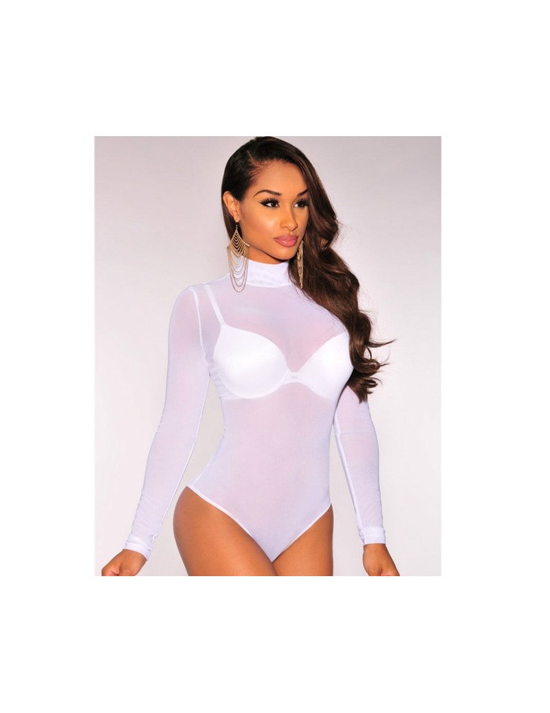 Fashion Sexy Women Summer See-through Long Sleeve Stretch Bodysuit Body Romper Beach Tops - White - 4M3083748916-3