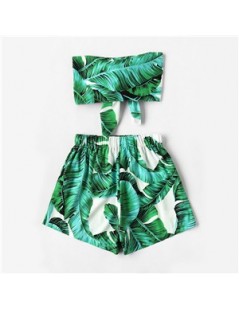 Women's Sets Leaf Print Random Bow Tie Crop Bandeau Top With Shorts Women Green Strapless Sleeveless Sexy Beach Two Piece Set...