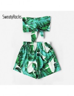 Women's Sets Leaf Print Random Bow Tie Crop Bandeau Top With Shorts Women Green Strapless Sleeveless Sexy Beach Two Piece Set...