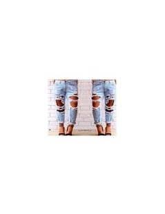 Pants beggar hole Skinny Ripped Ninth Jeans one pieces New Fashion Women clothes Solid Novelty button casual - Blue - 473806...