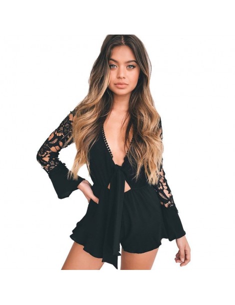 Rompers Sexy Deep V Neck Lace Jumpsuits Loose Women Lace Up Bodysuits Short Jumpsuits Hollow Out Long Sleeve Playsuits - Army...