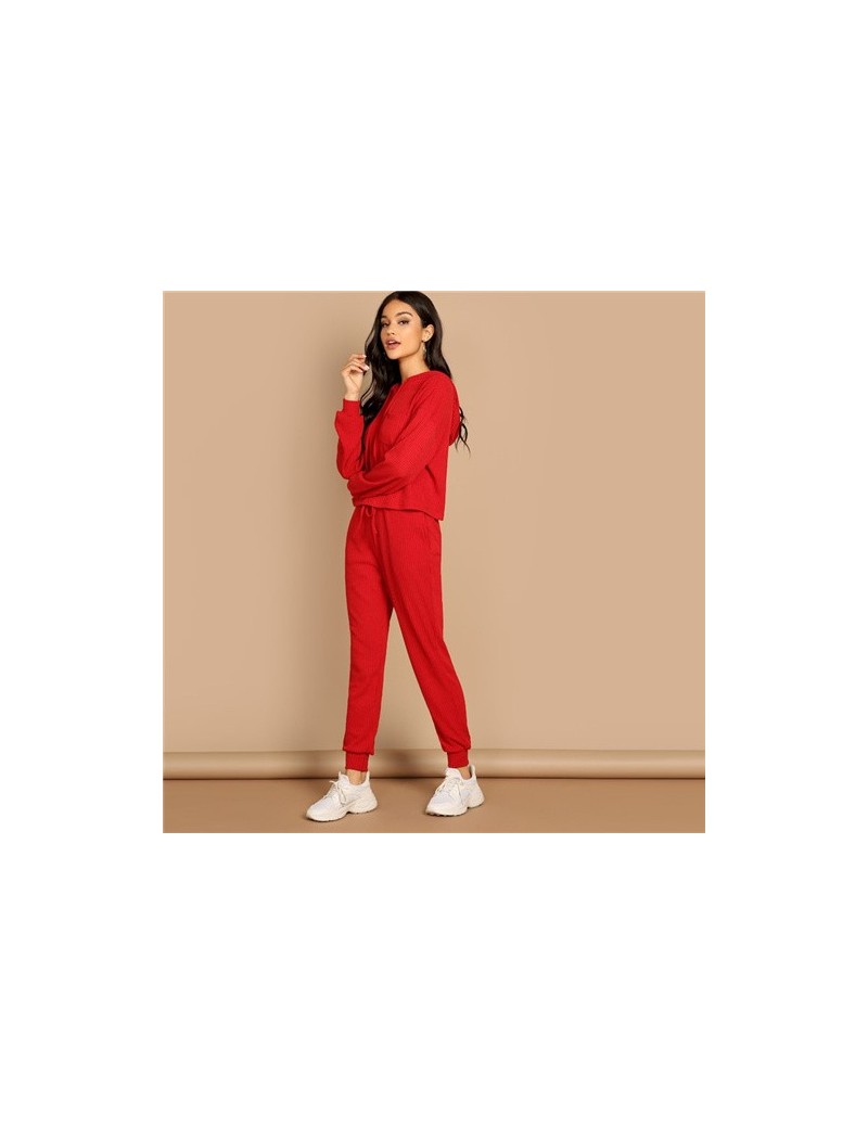 Women's Sets Red Pocket Patched Solid Hoodie and Drawstring Waist Pants Plain Set Women Two Pieces Sets 2019 Autumn Plain Two...