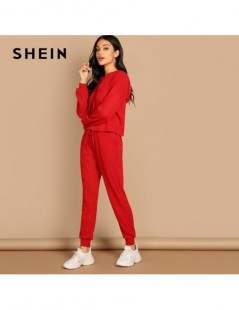 Women's Sets Red Pocket Patched Solid Hoodie and Drawstring Waist Pants Plain Set Women Two Pieces Sets 2019 Autumn Plain Two...