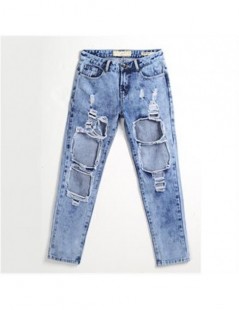 Jeans Pants beggar hole Skinny Ripped Ninth Jeans one pieces New Fashion Women clothes Solid Novelty button casual - Blue - 4...