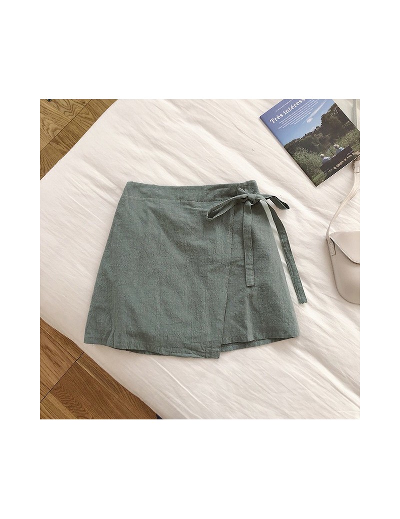 2019 Summer Women Cotton Linen Skirt Wrap Skirt For Women High Waist Mini Skirts Spodnice Damskie - green - 4D3089384348-3