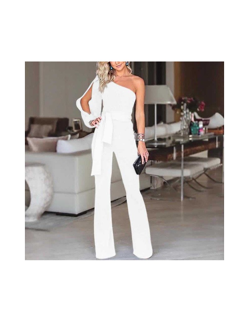 New-fashioned Women Ladies Long Sleeve One shoulder Bandage Evening Jumpsuit Romper - White - 4G4150225338-5