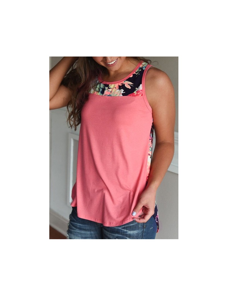 2019 Women Floral Splicing Sleeveless Vest Casual O-Neck Tshirt Female Summer Loose Long Tank Top Ladies Girl Clothes - pink...