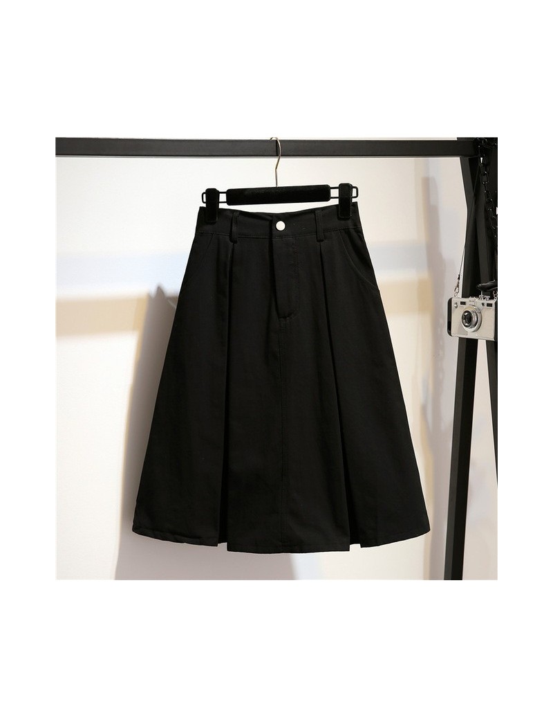 Solid Midi Skirt Women 2019 Spring Summer Casual Knee Length High Waist School Skirt Red Blue Black White A-line Skirt - Bla...