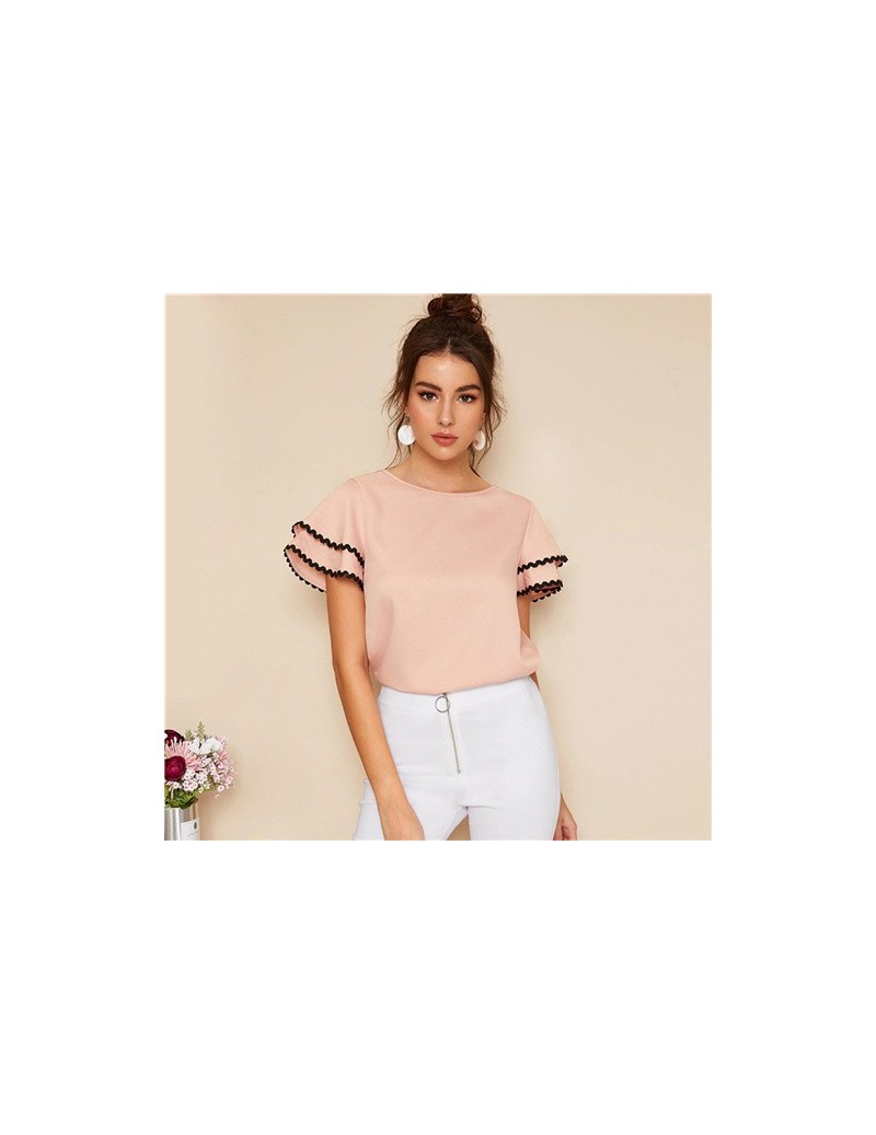 Blouses & Shirts Pink Womens Tops And Blouses Contrast Wave Lace Trim Layered Ruffle Sleeve Summer Top 2019 Women Short Sleev...
