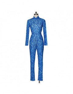 Jumpsuits Sexy Blue Sheer Mesh Jumpsuit Rompers Women Autumn Winter Long Sleeve Turtleneck Print Skinny See-through Party Clu...