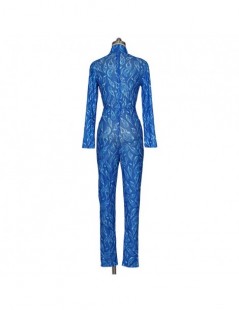 Jumpsuits Sexy Blue Sheer Mesh Jumpsuit Rompers Women Autumn Winter Long Sleeve Turtleneck Print Skinny See-through Party Clu...