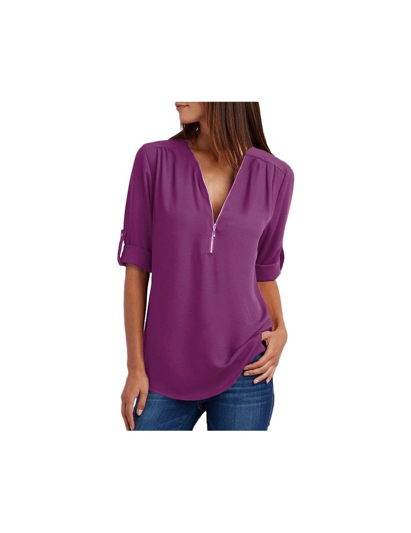 3XL 4XL 5XL Plus Size Womens Tops and Chiffon Blouses V-neck Roll Up Sleeve Zipper Tunic Tops Summer Casual Loose Shirts fem...