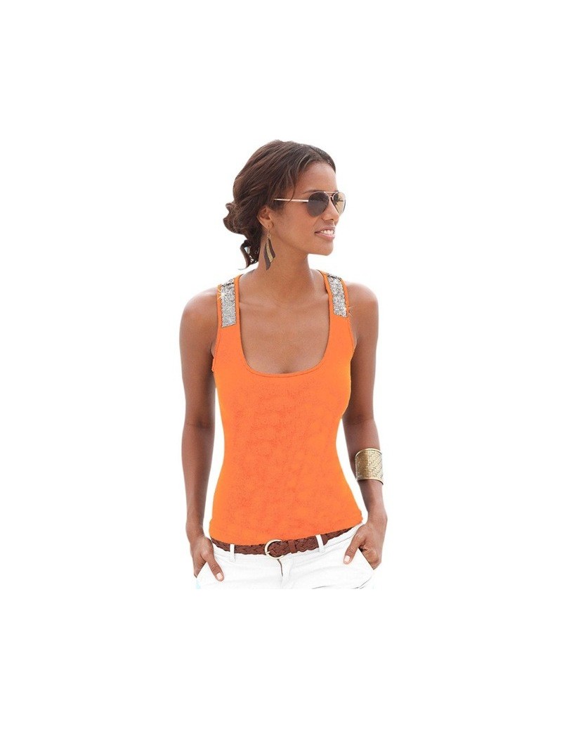 Summer Women Vest Tops Sleeveless Summer Crop Top Casual Sequin Stitching Tank Tops - Orange - 443859661896-3