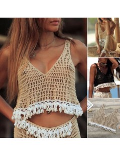 Tank Tops Summer Sexy Solid Women V Neck Crop Top Crochet Lace Sleeveless Hollow out Tank Top Beach Vest - Khaki - 4Q41126632...