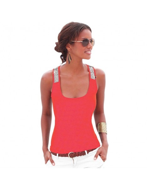 Tank Tops Summer Women Vest Tops Sleeveless Summer Crop Top Casual Sequin Stitching Tank Tops - Orange - 443859661896-3 $18.79