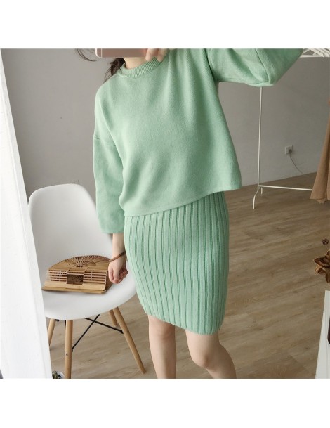 Women's Sets 2018 Women Sweater Knitted Tracksuit Suit Two Piece Sets Casual Pullover Sweaters Tops And Knee-Length Skirts Fe...