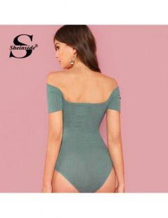 Bodysuits Green Off the Shoulder Elegant Bodysuit Office Ladies Short Sleeve Stretch Skinny Criss Cross Women Summer Bodysuit...