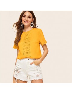 Blouses & Shirts Ginger Scallop Trim Laser Cut Top Solid Casual Cute Blouse Women Summer Short Sleeve Keyhole Back Womens Top...